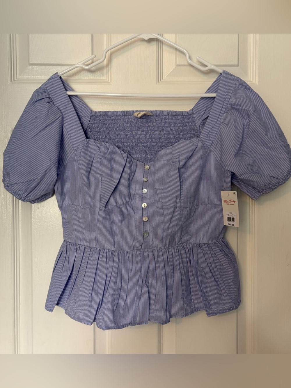 Lucky Brand Blue Pinstripe Puff-Sleeve Peplum Blouse NWT